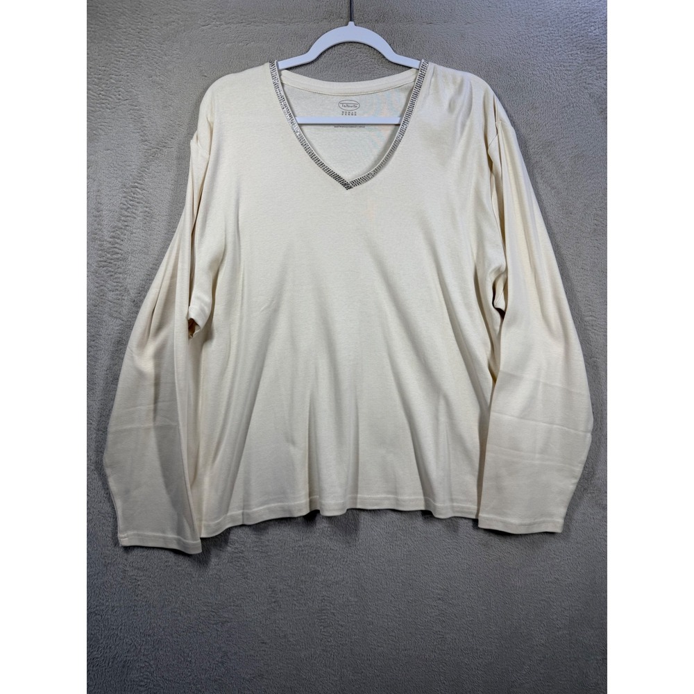 Talbots V-Neck Top Women 3X Cream Rhinestone Embellished Cotton Long Sleeve